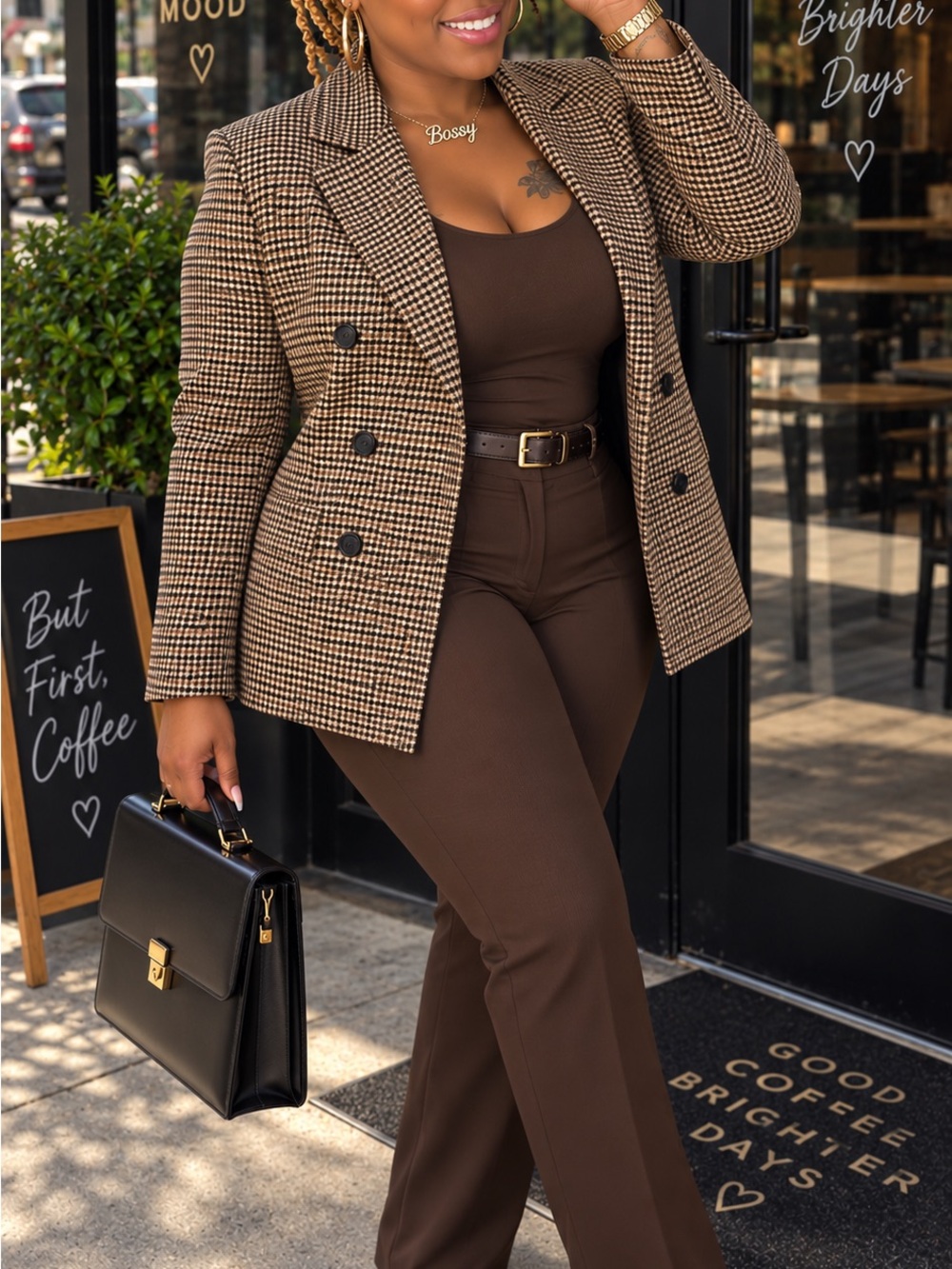 Charlotte Russe Double-Breasted Houndstooth Blazer - Brown & Black